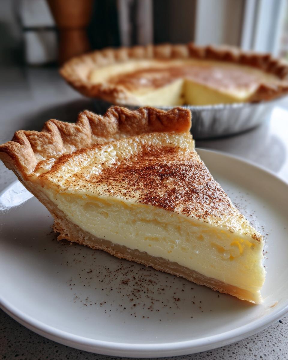 A perfect slice of creamy custard pie dusted with cinnamon sits on a white plate, with the rest of the custard pie blurred in the background.