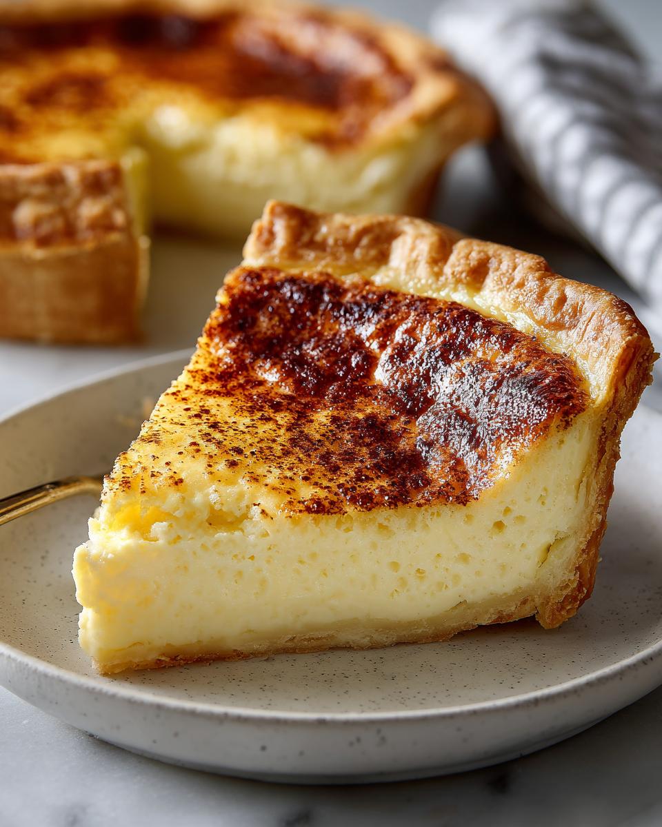 A thick slice of creamy custard pie with a golden, slightly browned top, served on a speckled plate.