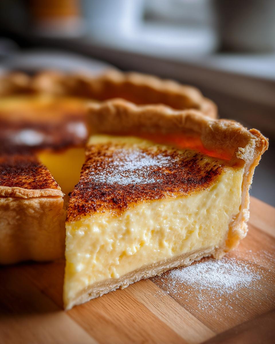 A thick slice of creamy custard pie with a golden, slightly torched top, dusted with powdered sugar.