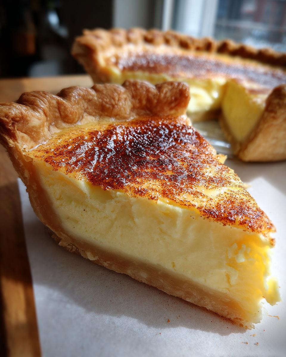 Close-up of a thick slice of creamy custard pie with a golden, slightly torched cinnamon top.