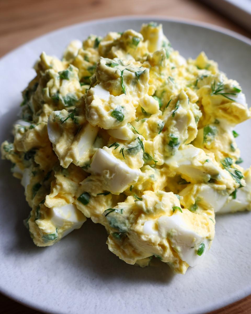 Close-up of creamy egg salad with visible chunks of hard-boiled egg, mixed with green herbs like chives and dill.