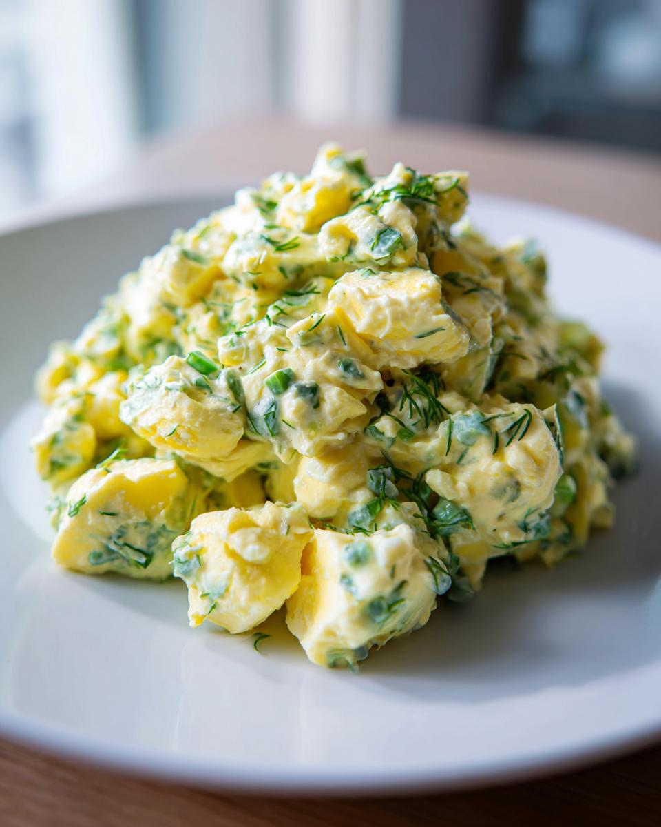 Close-up of a mound of creamy egg salad mixed with bright green herbs, served on a white plate.