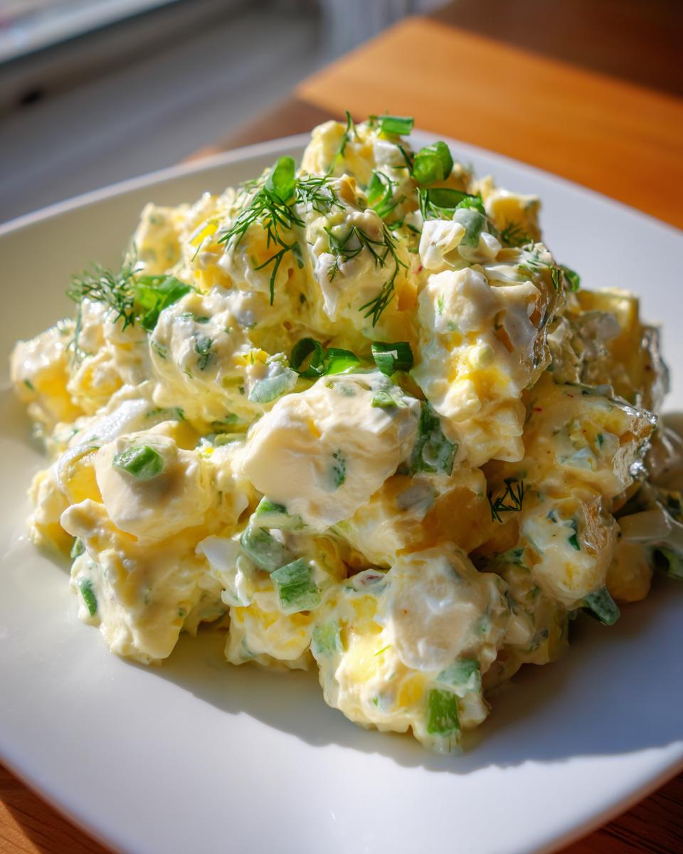 A close-up of creamy egg salad mixed with chopped green onions and topped with fresh dill, served on a white plate.