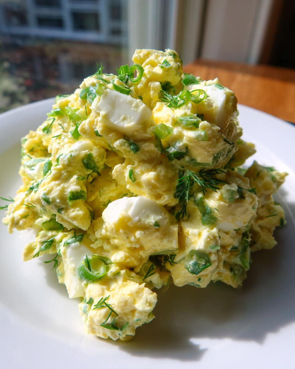 A generous mound of creamy egg salad featuring visible chunks of white and yellow egg, mixed with green onions and dill.