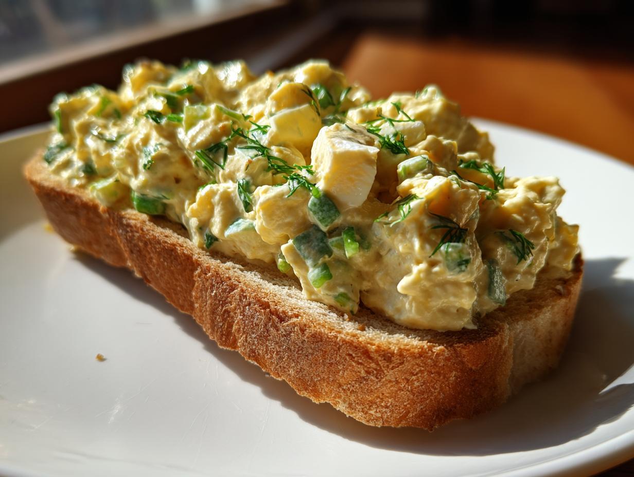 A thick layer of creamy egg salad topped with fresh dill served open-faced on a slice of toasted bread.