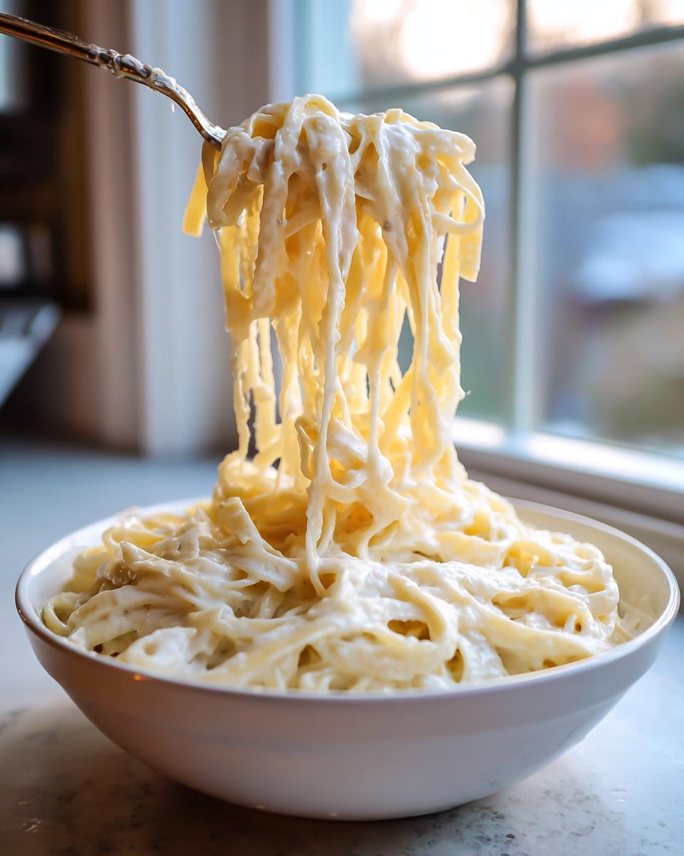 A fork lifts dripping fettuccine noodles coated in rich Olive Garden Alfredo sauce from a white bowl.