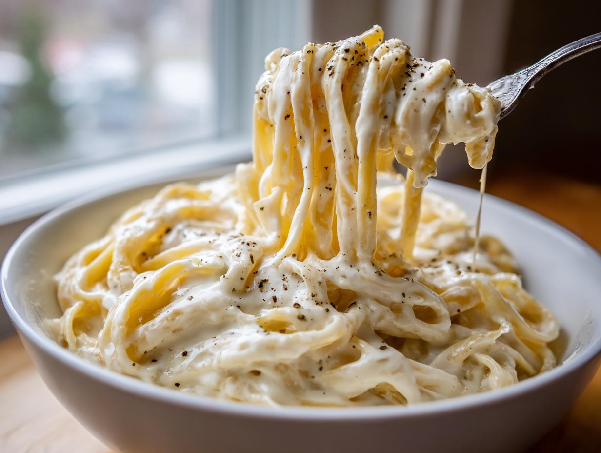 A fork lifting creamy fettuccine noodles coated in rich Olive Garden Alfredo Sauce, seasoned with black pepper.