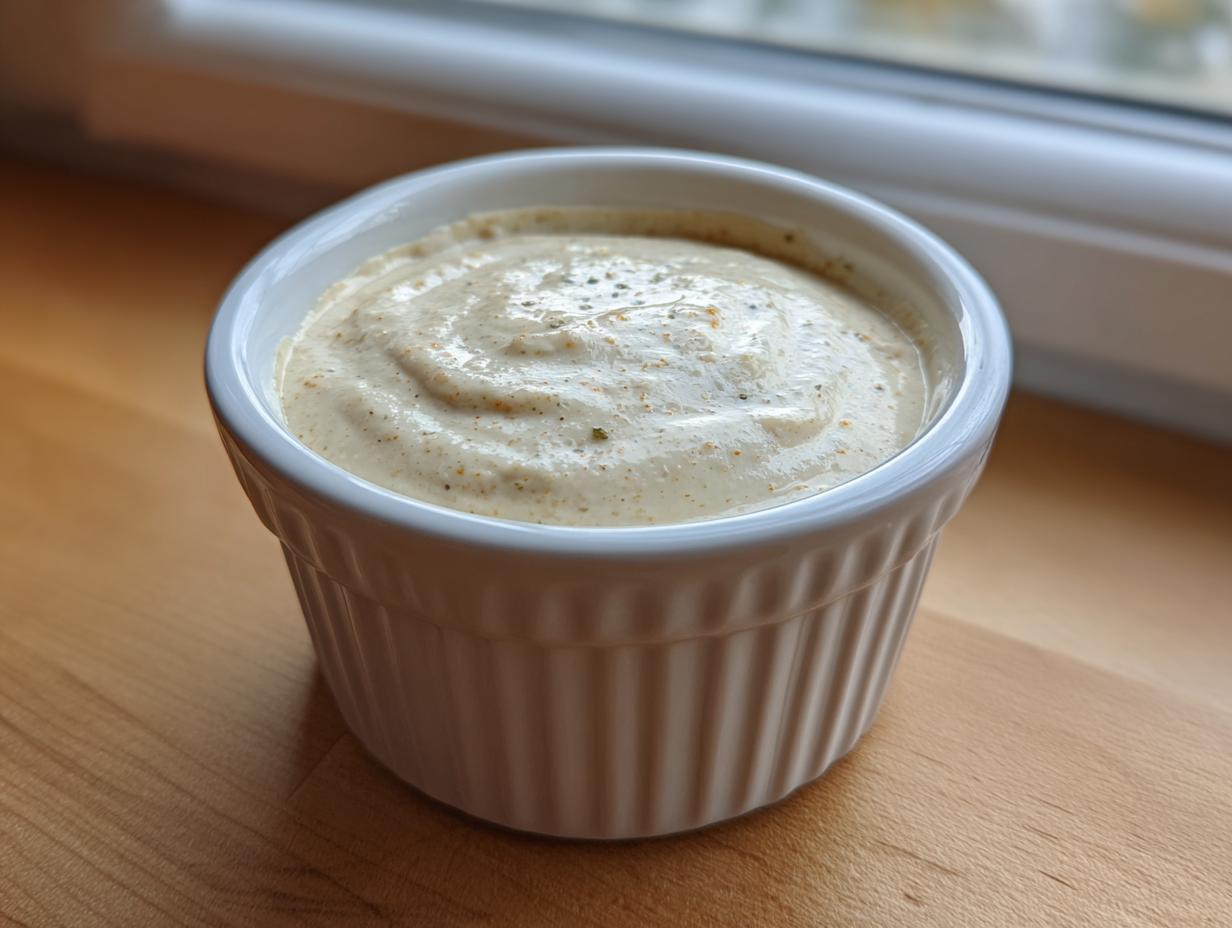 A close-up of thick, creamy garlic sauce seasoned with pepper, served in a white fluted ramekin.