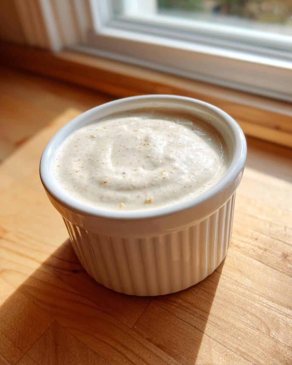 A close-up of creamy garlic sauce in a white fluted ramekin, sitting on a wooden surface near a window.