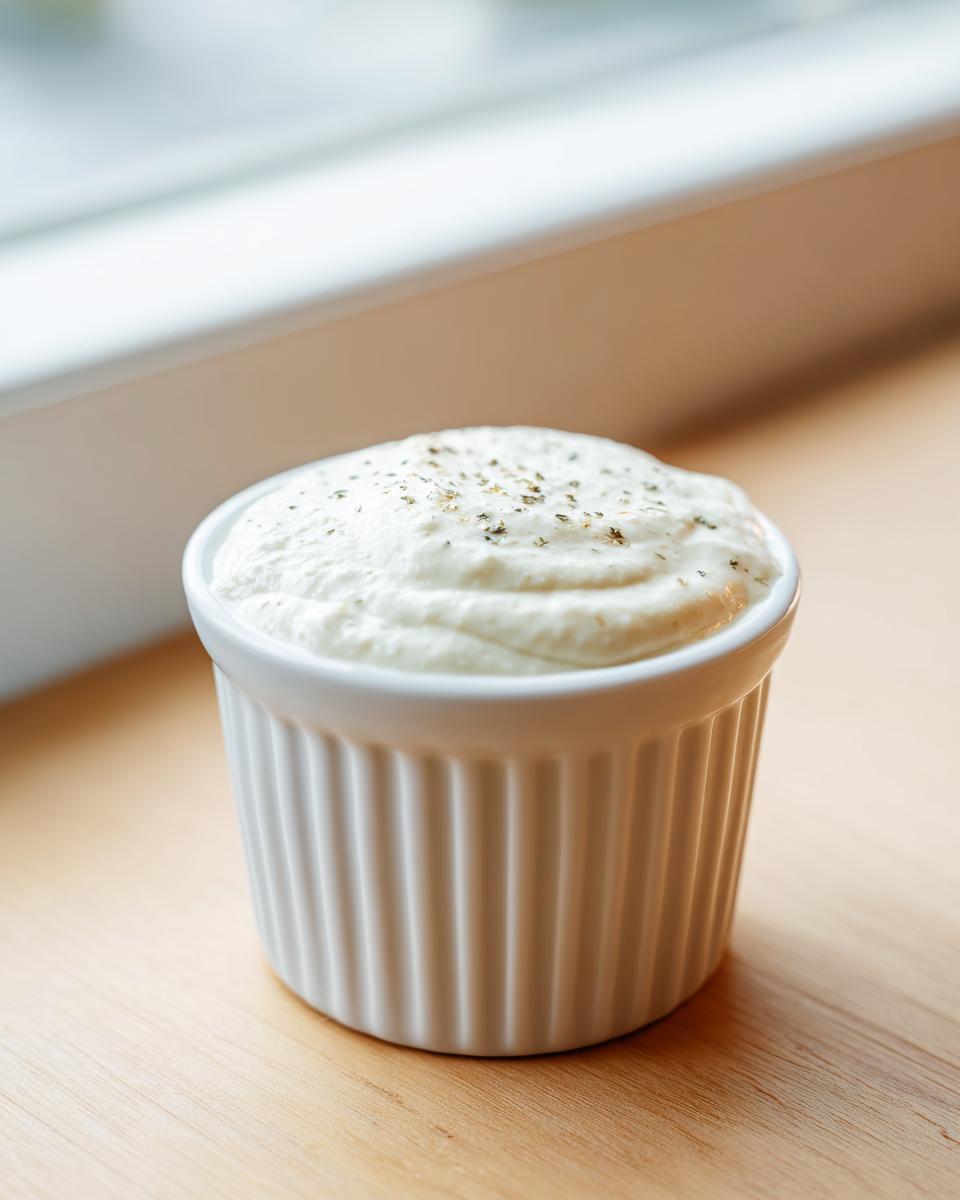 A close-up of creamy garlic sauce topped with herbs, served in a small white fluted ramekin.