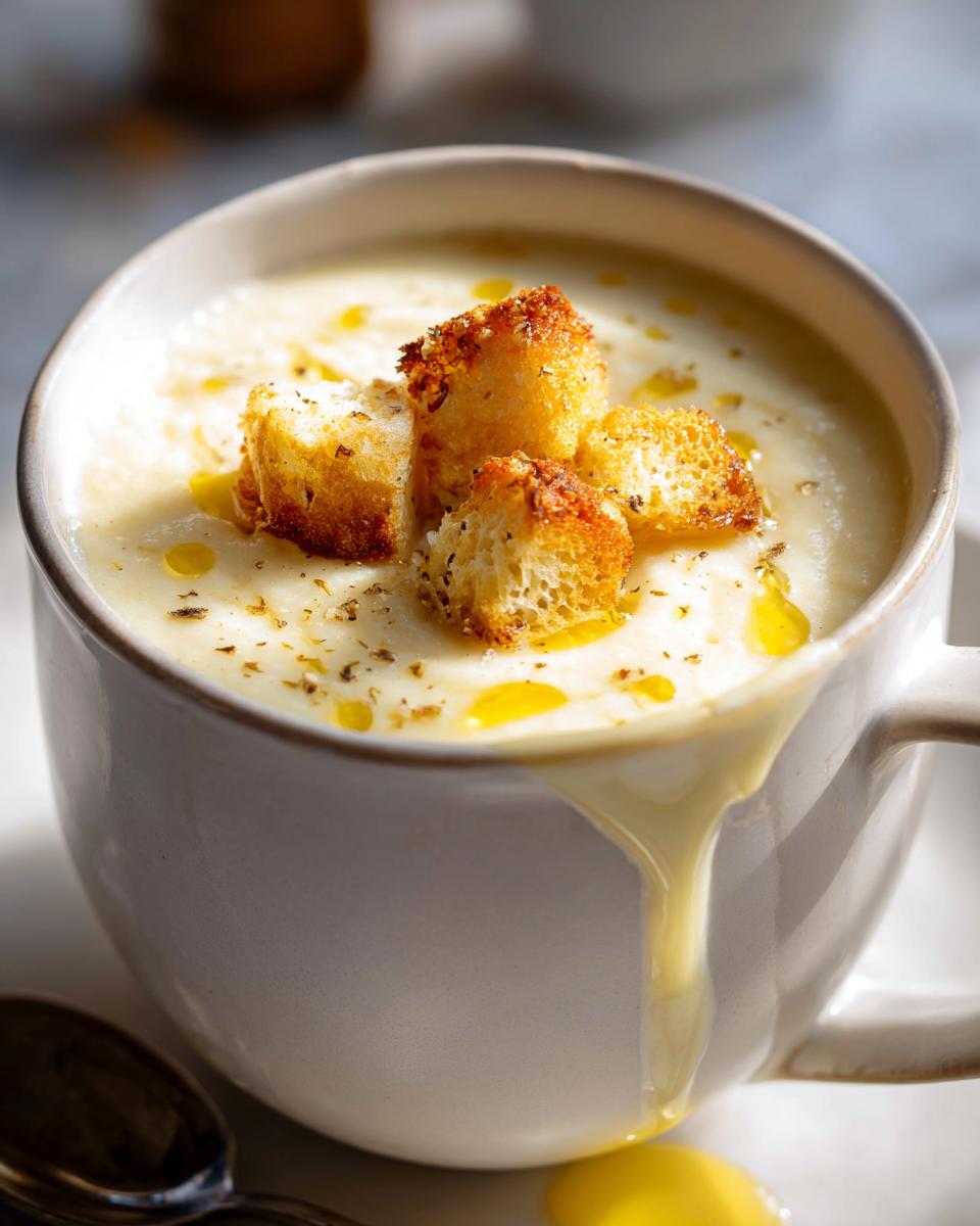 Close-up of creamy white garlic soup in a mug, topped with golden croutons and olive oil drizzle.