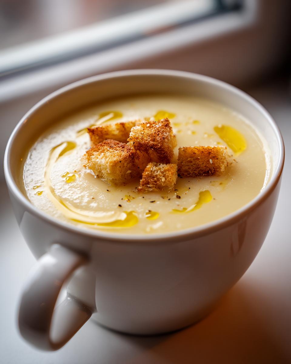 Close-up of a creamy, pale yellow garlic soup served in a white mug, topped with golden croutons and olive oil drizzle.