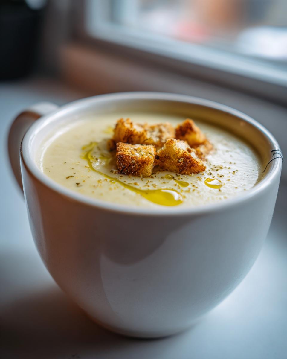 Close-up of a white mug filled with creamy garlic soup, topped with golden croutons and olive oil.
