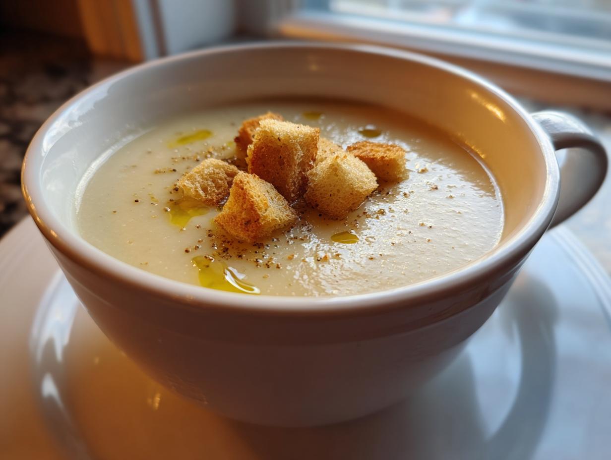 A close-up of a creamy bowl of garlic soup topped with golden croutons, cracked black pepper, and a drizzle of olive oil.