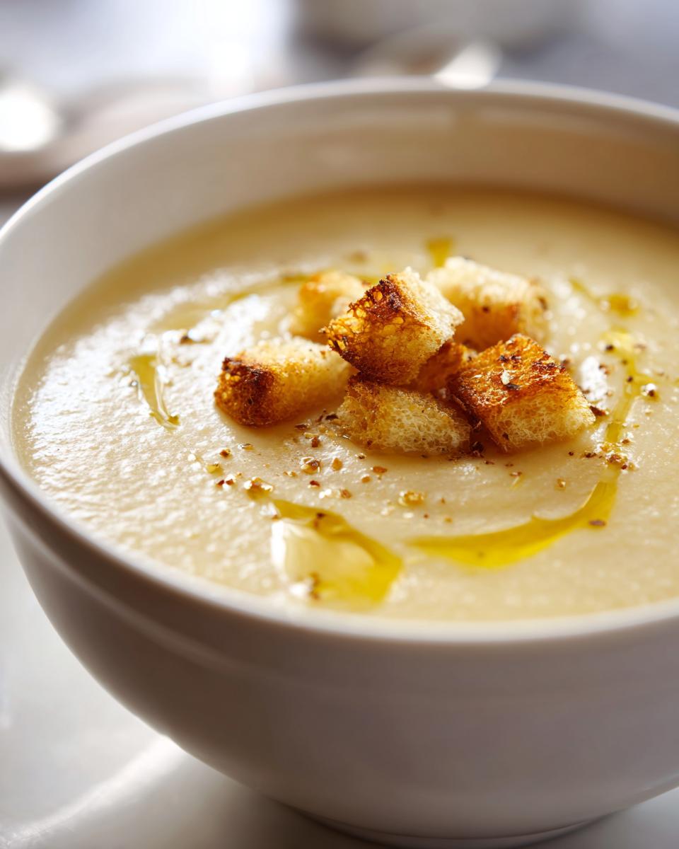 Close-up of creamy garlic soup in a white bowl, topped with golden croutons, olive oil drizzle, and pepper.