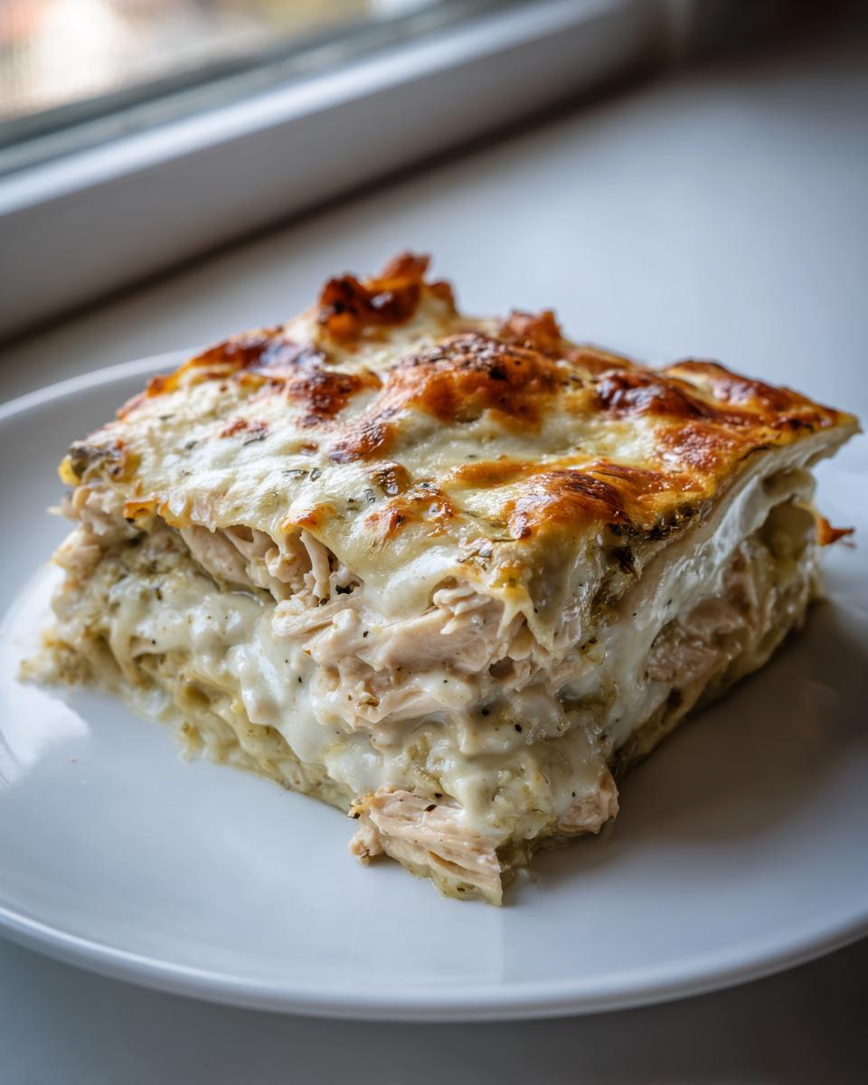 A close-up of a square serving of green chile chicken enchiladas layered with shredded chicken and creamy white sauce.