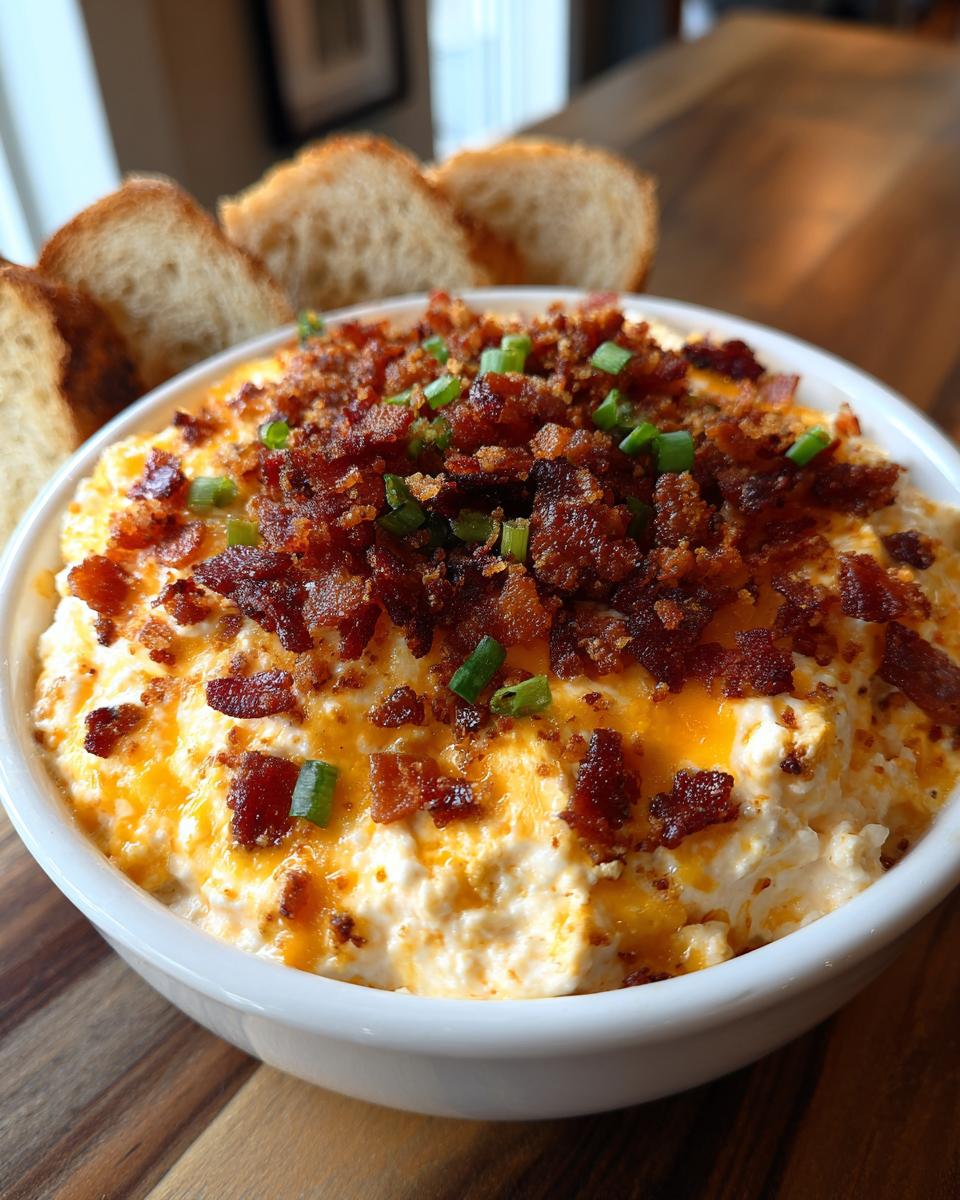 A bowl of creamy Million Dollar Dip topped generously with crumbled bacon and green onions, served with bread slices.