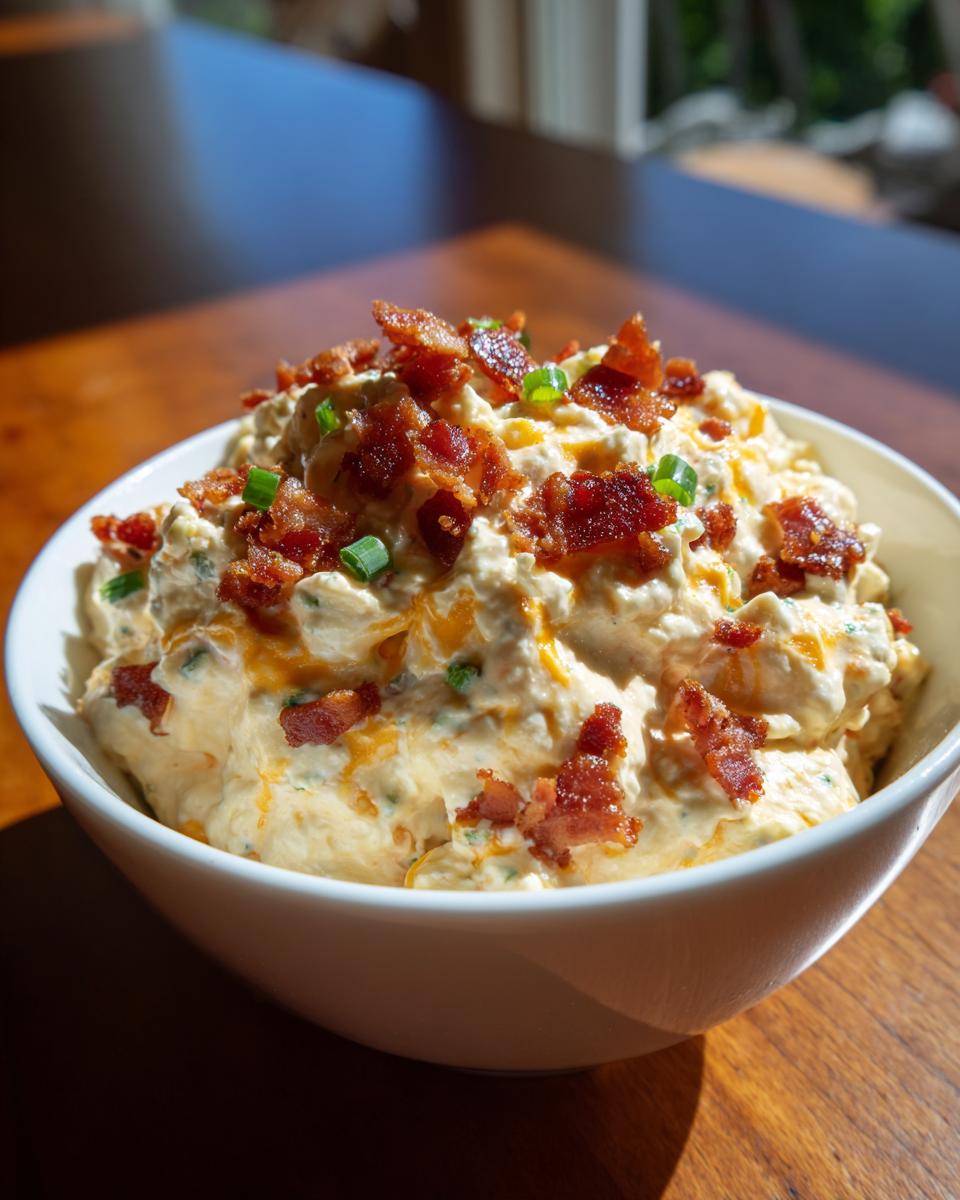 A white bowl filled with creamy Million Dollar Dip, topped generously with crispy bacon bits and fresh green onions.
