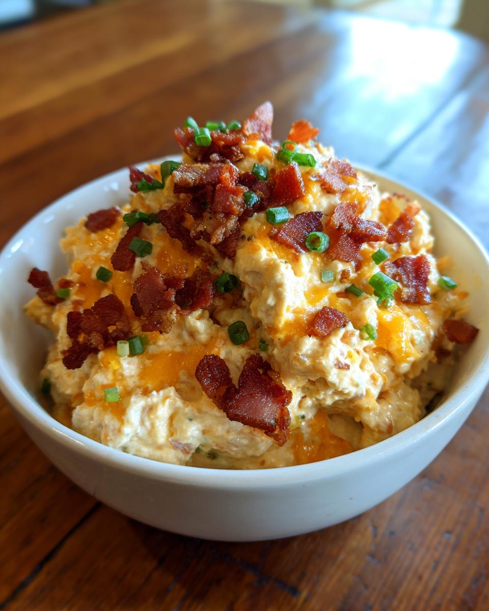 A bowl of creamy Million Dollar Dip generously topped with crumbled bacon pieces and fresh green chives.
