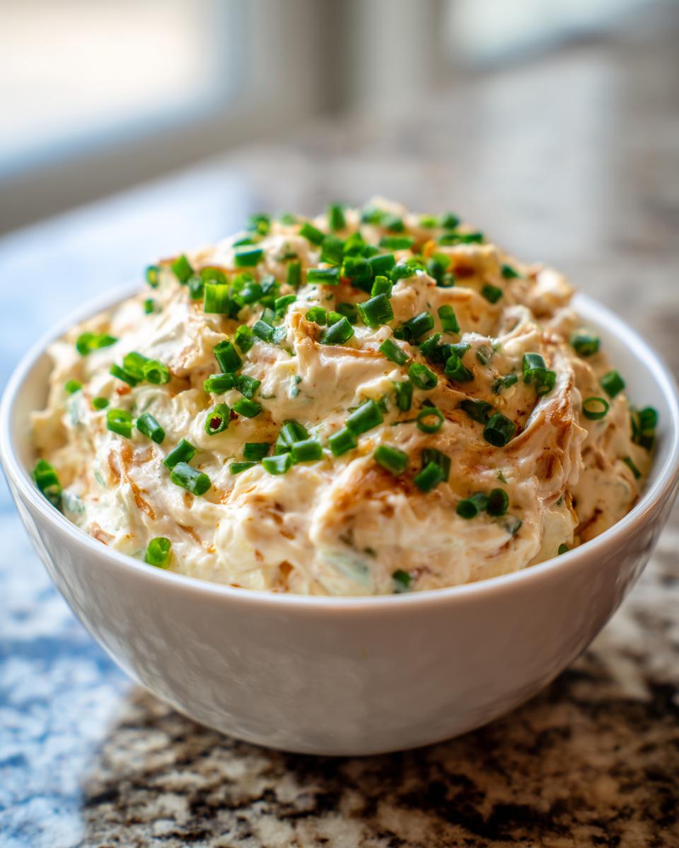 A white bowl filled with creamy homemade onion dip, generously topped with freshly chopped green chives.