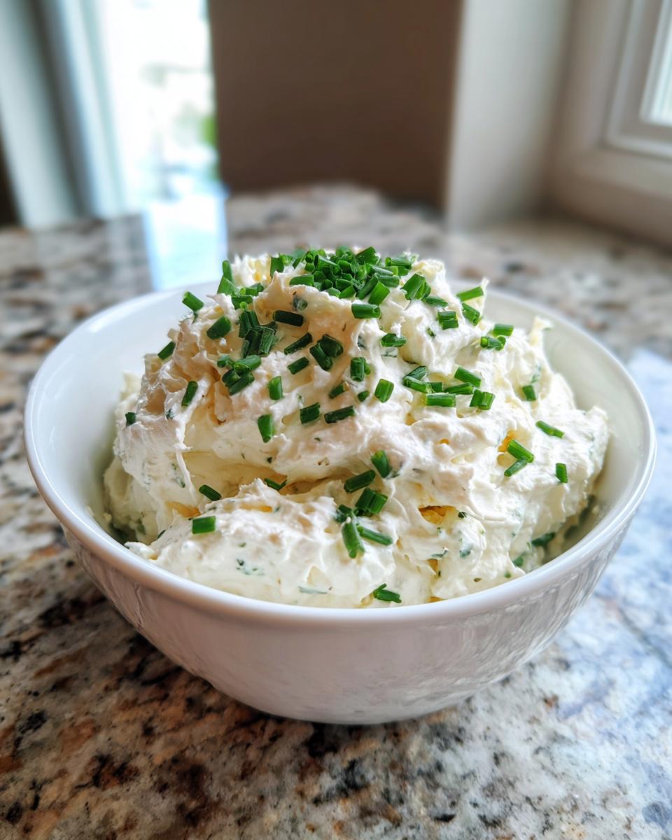 A white bowl filled with creamy homemade onion dip, generously topped with fresh chopped green chives.