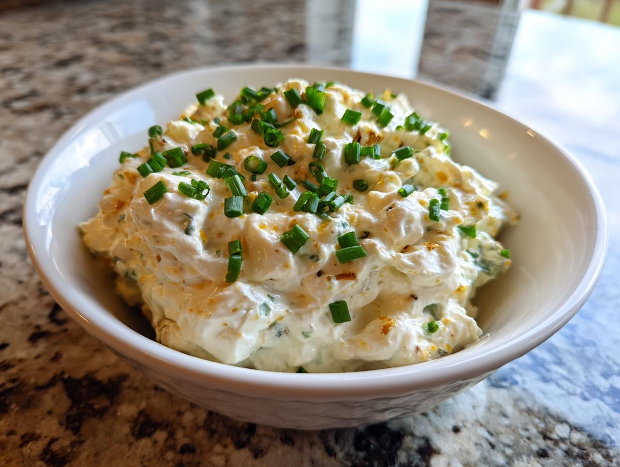 A white bowl filled with creamy homemade onion dip, garnished generously with fresh chopped green chives.