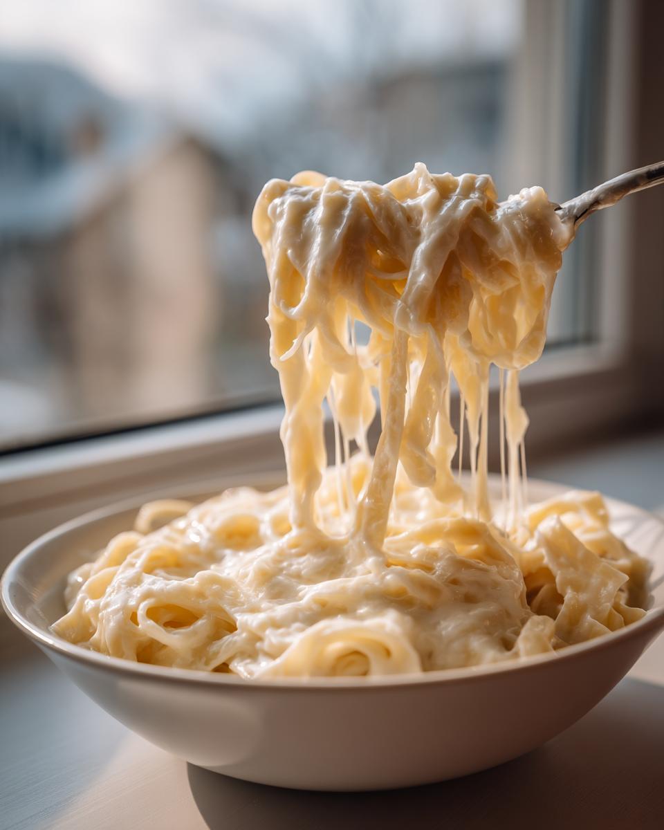 Close-up of fettuccine noodles coated in rich, creamy Olive Garden Alfredo sauce being lifted from a white bowl.