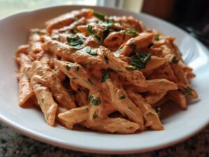 Close-up of penne pasta coated thickly in creamy pink sauce pasta, garnished with fresh basil.