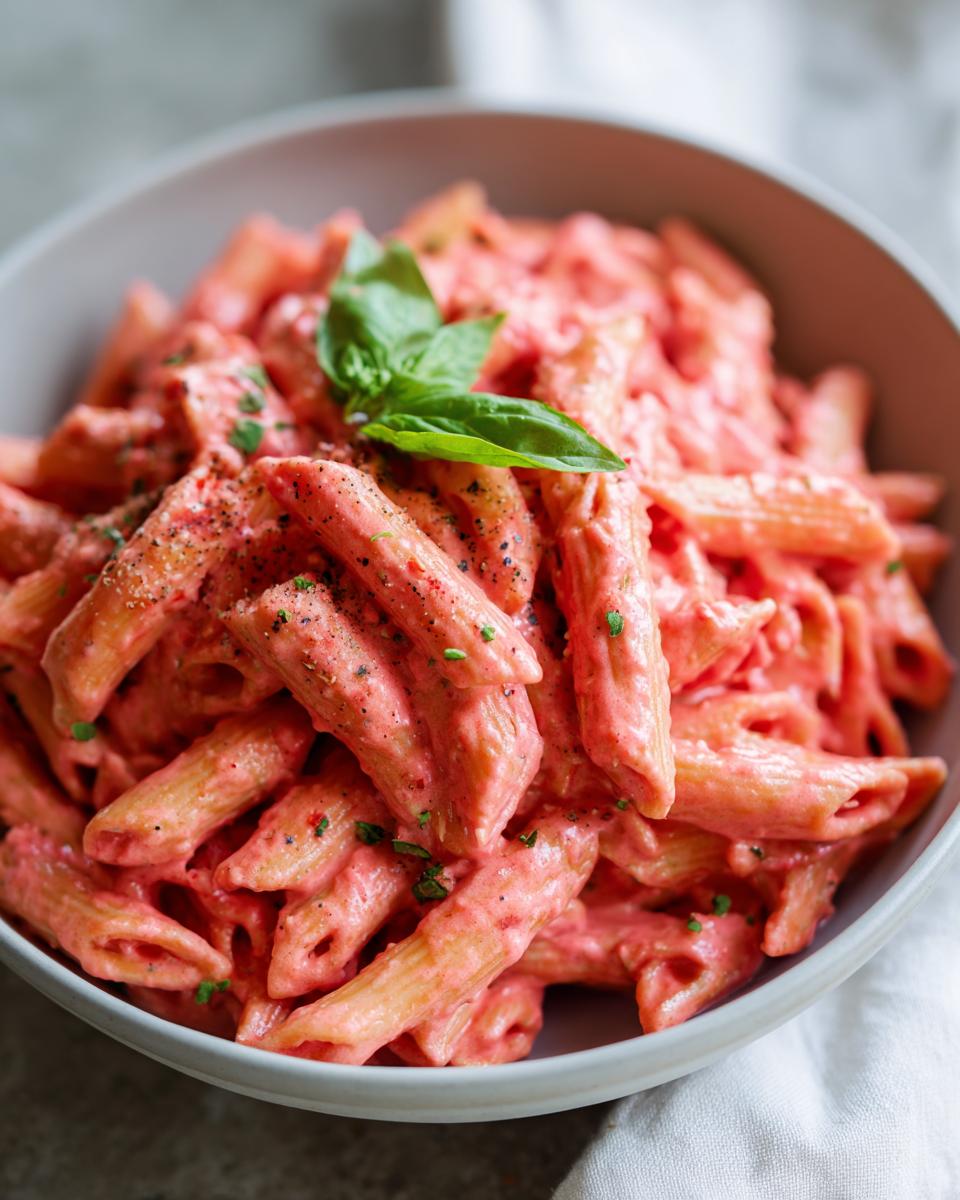A close-up view of penne pasta coated in vibrant pink sauce pasta, garnished with fresh basil.