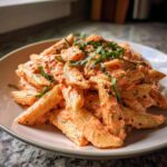 Close-up of penne pasta coated in creamy pink sauce pasta, garnished with fresh basil.