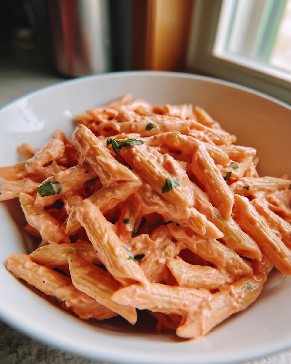 A close-up shot of penne pasta generously coated in creamy pink sauce pasta, garnished with small green herbs.