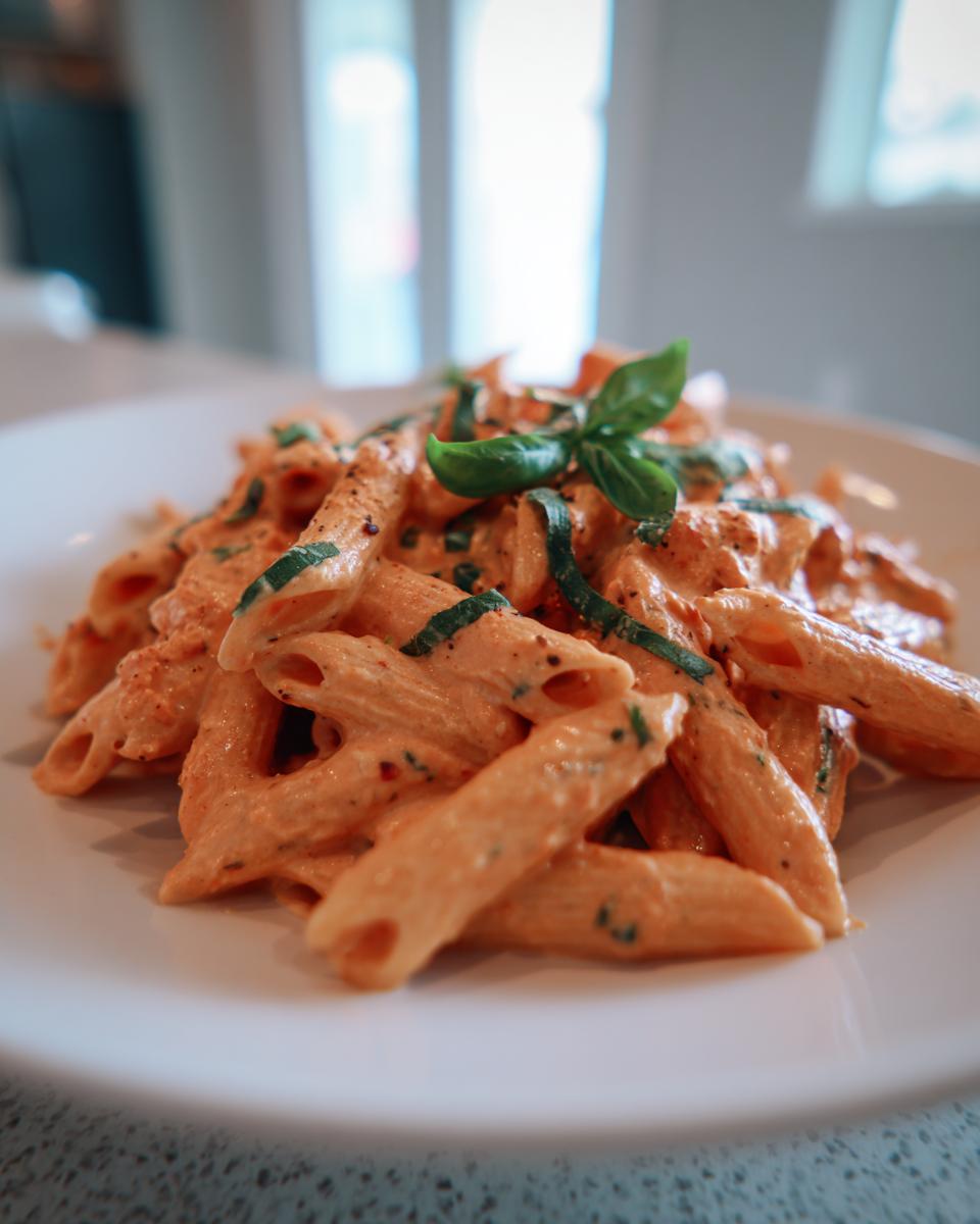 Close-up of penne pasta coated in creamy pink sauce pasta, garnished with fresh basil leaves.