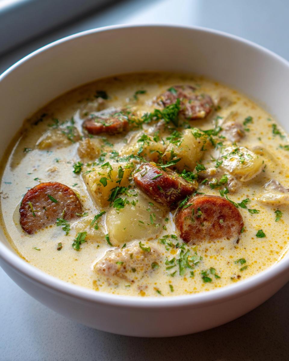 A close-up of creamy potato and sausage chowder, garnished with fresh parsley, served in a white bowl.