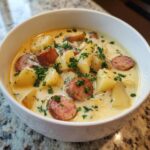 Close-up of creamy potato and sausage chowder, garnished with fresh parsley, served in a white bowl.