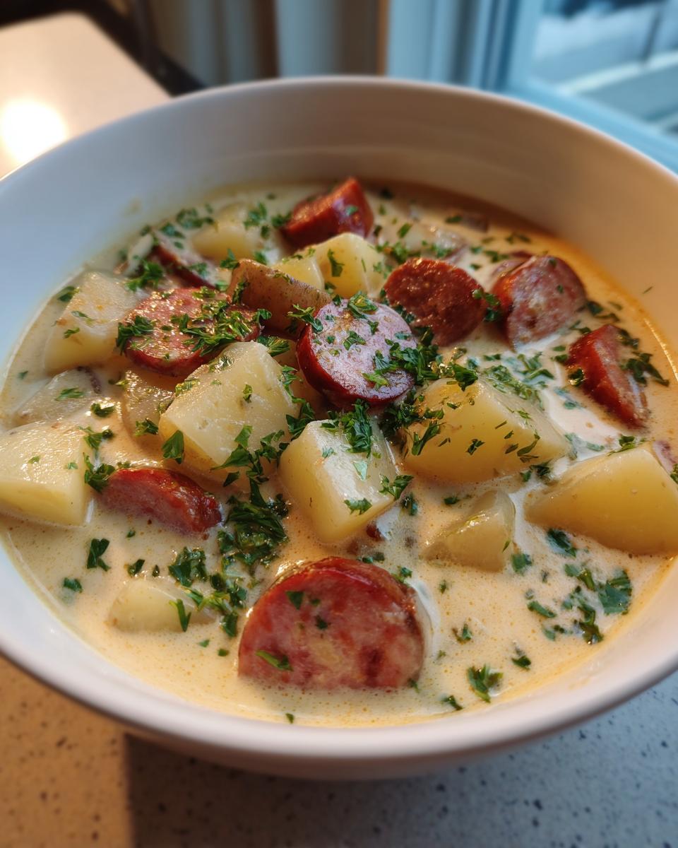 Close-up of creamy potato and sausage chowder, garnished with fresh parsley.