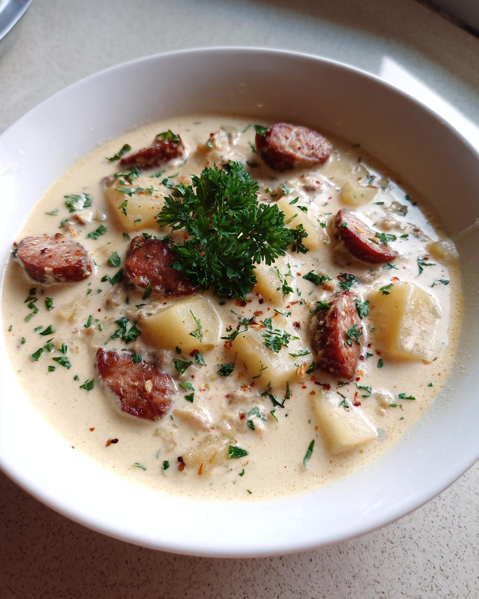 A close-up of creamy potato and sausage chowder topped with parsley and sausage slices.