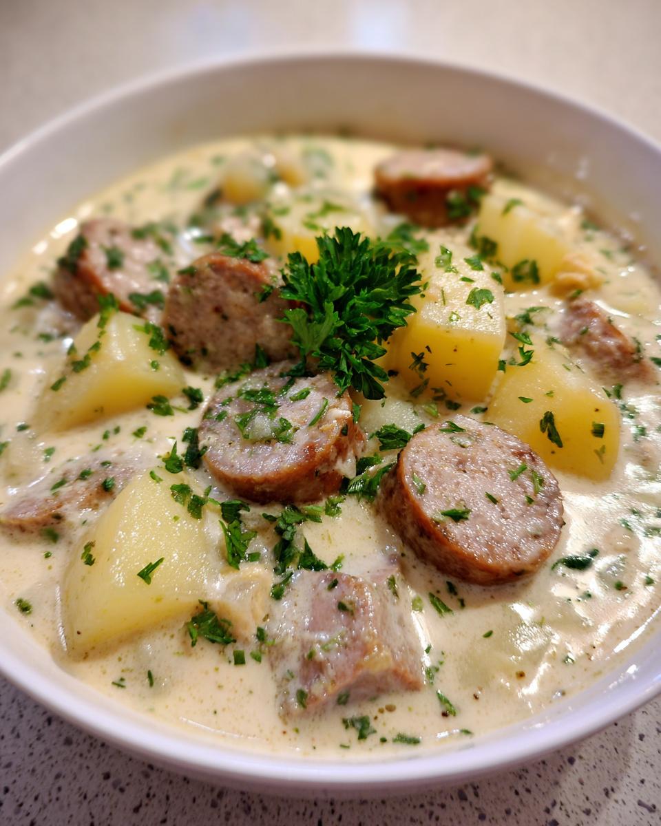 Close-up of creamy potato and sausage chowder, featuring thick sausage slices, cubed potatoes, and fresh parsley garnish.