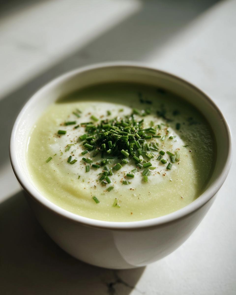 A close-up of a bowl of creamy, pale green potato leek soup topped with a swirl of cream and fresh chopped chives.
