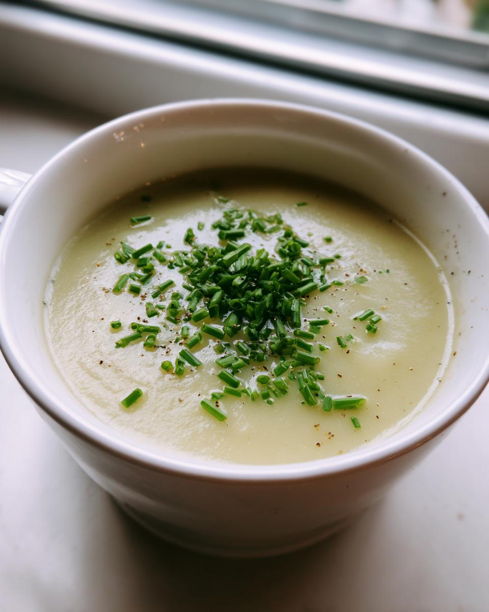 A close-up of creamy potato leek soup in a white bowl, garnished generously with chopped chives and black pepper.