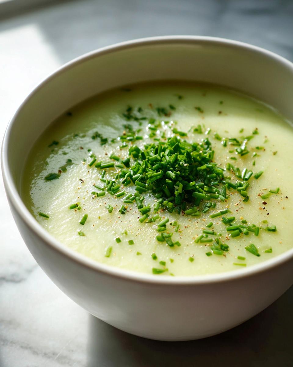 A close-up of a bowl of creamy potato leek soup topped generously with fresh chopped chives and pepper.