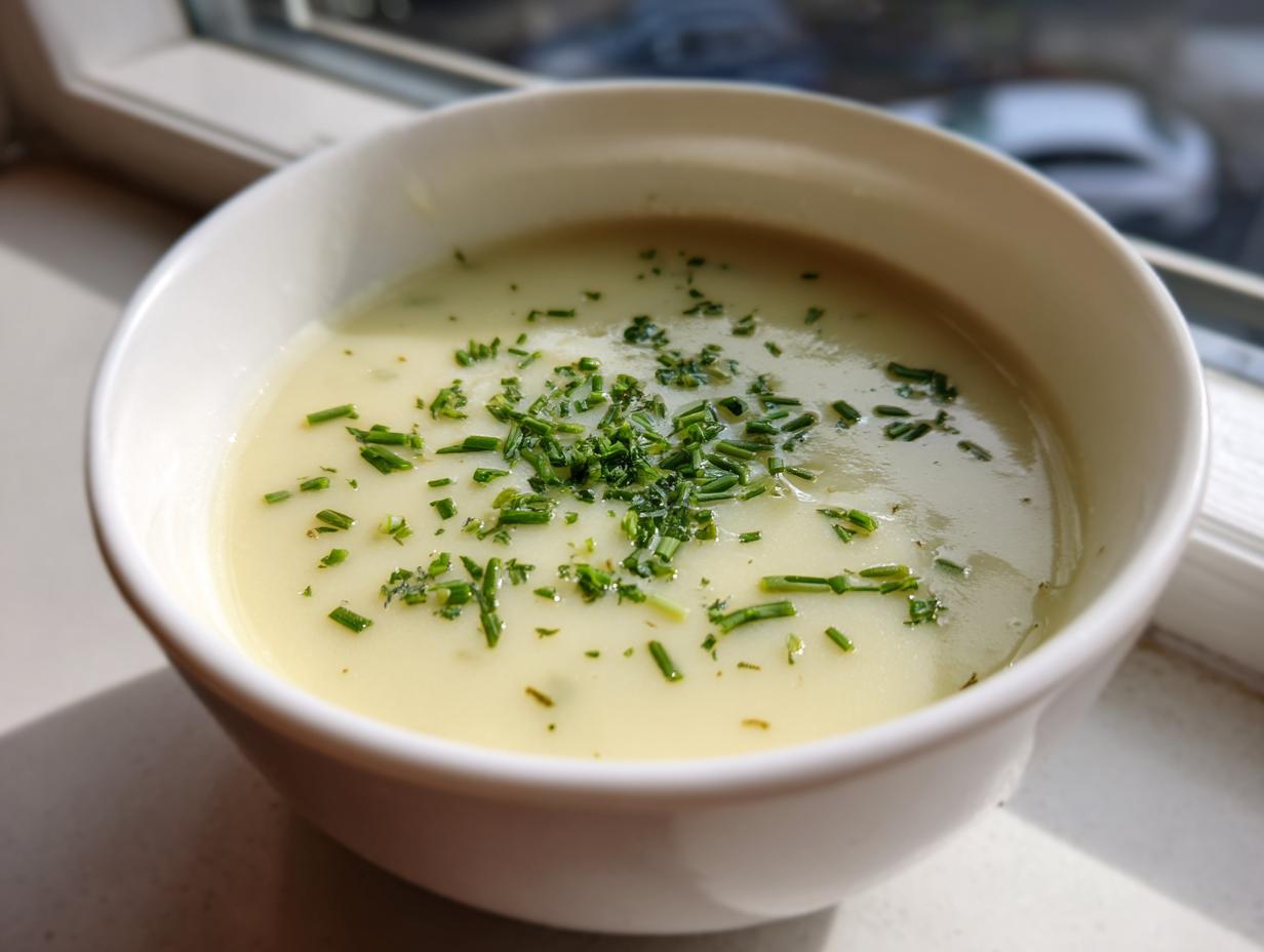 A close-up of creamy potato leek soup in a white bowl, topped generously with fresh chopped chives.