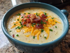 Close-up of a bowl of creamy potato soup recipe topped generously with shredded cheddar cheese, crispy bacon bits, and fresh chives.