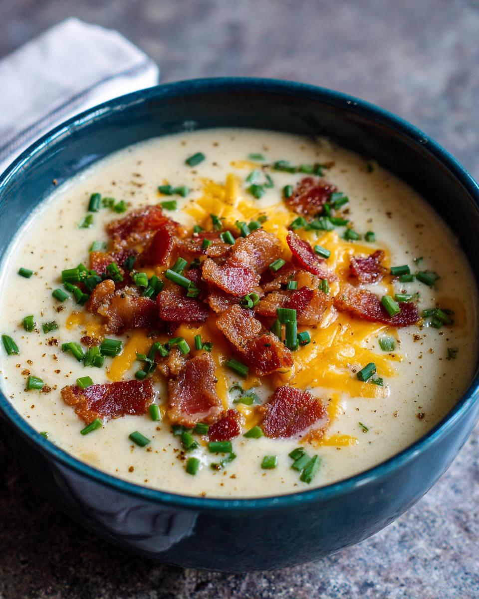 A close-up of a bowl of creamy potato soup recipe topped generously with shredded cheddar cheese, crispy bacon bits, and fresh chives.