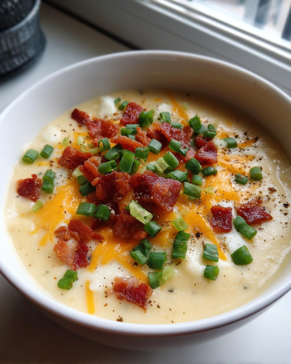 A close-up of a bowl of creamy potato soup recipe, generously topped with cheddar cheese, crispy bacon bits, and fresh green onions.