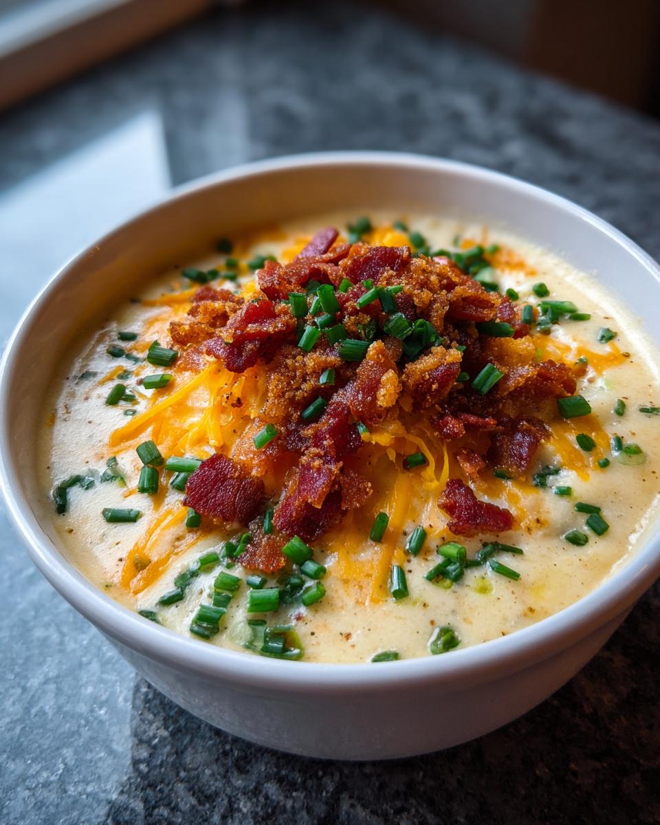 Close-up of a bowl of creamy potato soup recipe topped with shredded cheddar, bacon bits, and fresh chives.