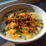A close-up of a creamy potato soup recipe topped generously with shredded cheddar cheese, bacon bits, and chives.