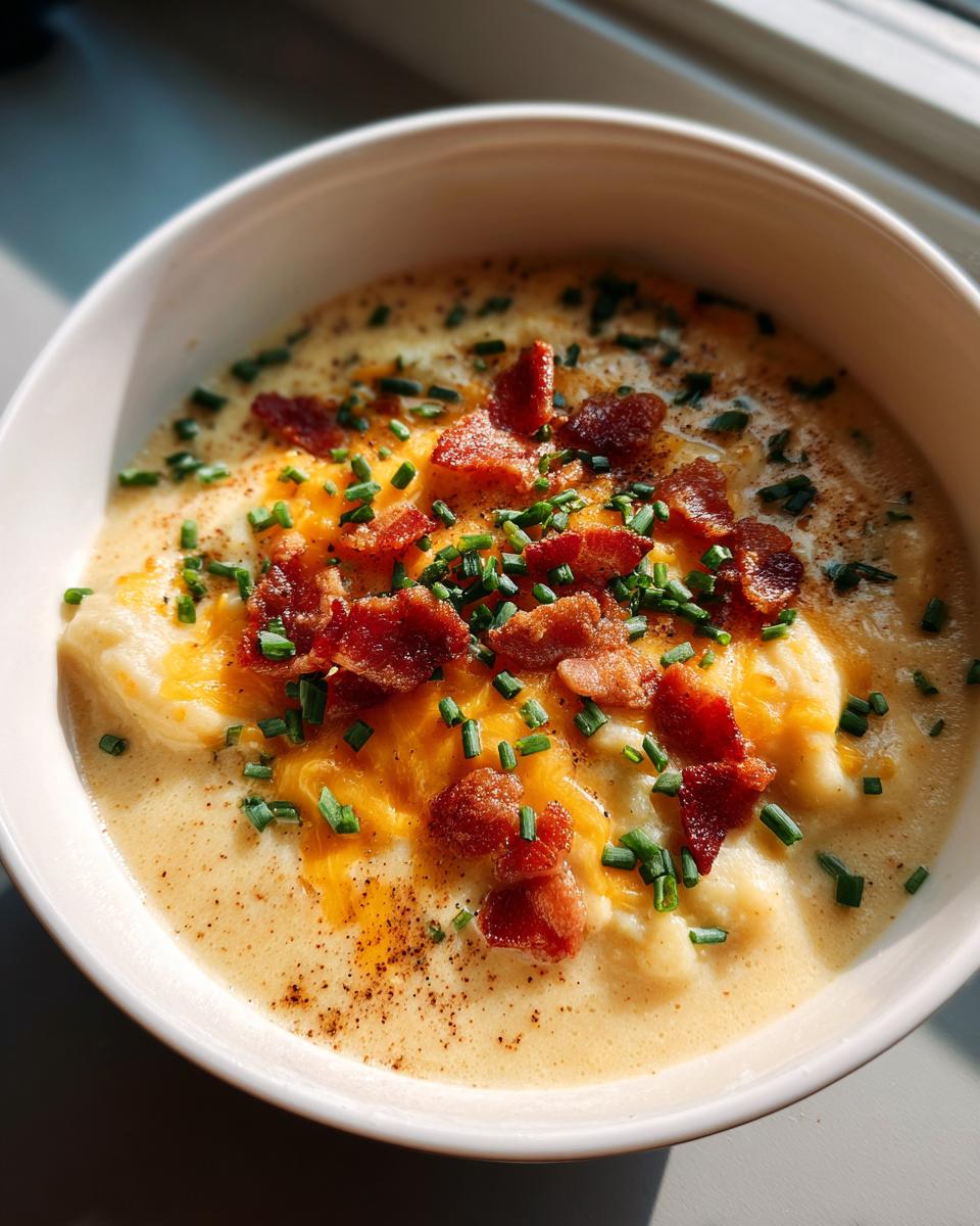 Close-up of a creamy potato soup recipe topped with melted cheddar cheese, crispy bacon, and fresh chives.