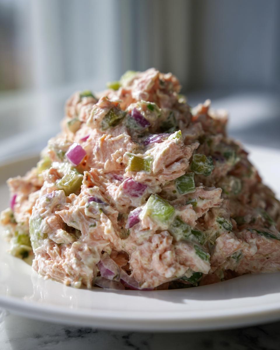 A mound of creamy salmon salad mixed with diced green celery and purple red onion served on a white plate.