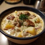 A close-up of a creamy sausage potato soup featuring browned sausage chunks, large potato pieces, and fresh parsley.