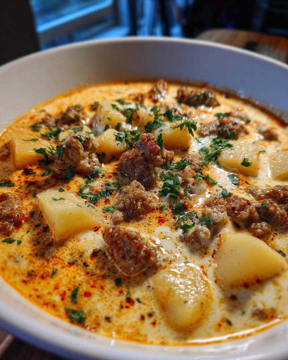 Close-up of a bowl of creamy sausage potato soup, featuring chunks of potato, crumbled sausage, and fresh parsley.